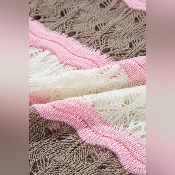 Brown Stripe Color Block Hollow Out Crochet Half Sleeve Sweater Bohemian Blouse - Picture 4 of 11